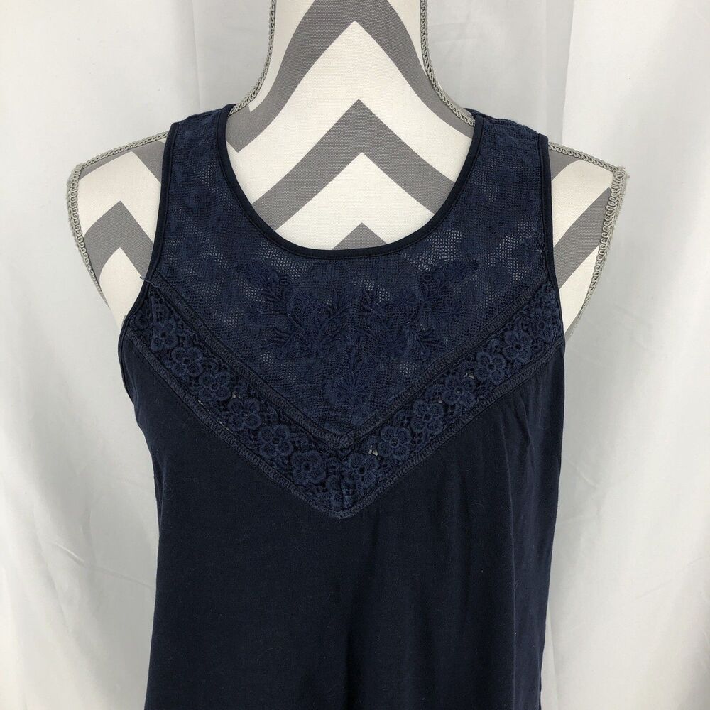 Andrea Jovine Navy Blue Embroidered Lace Detail Neckline Tank Top Large